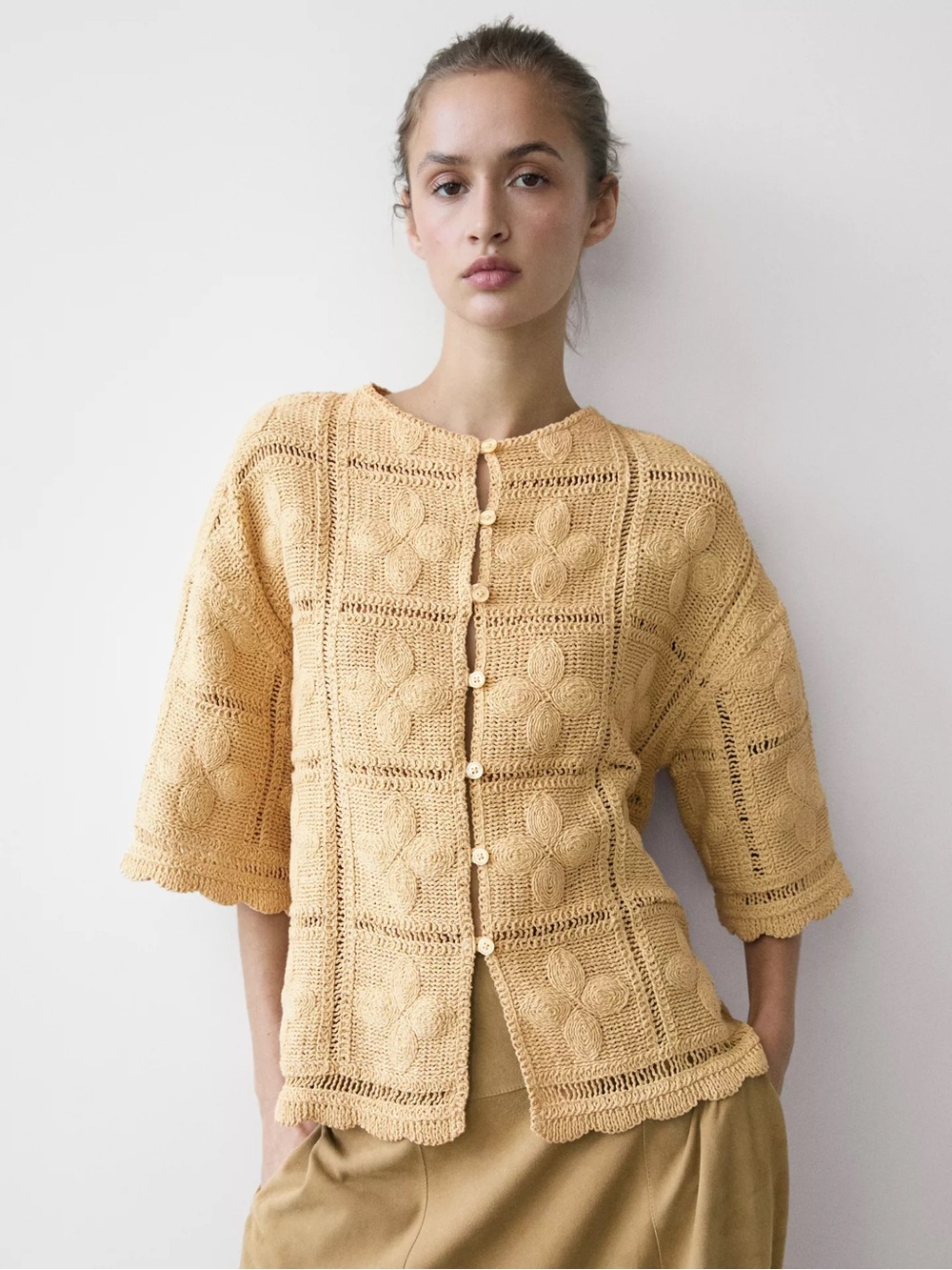 Massimo Dutti Beige Crochet Button-Front Women's Sweater Cardigan